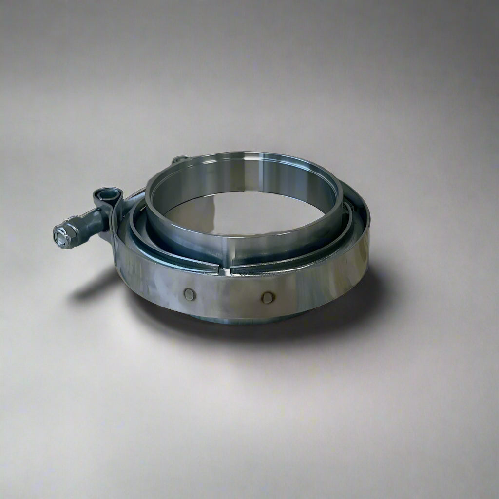 3-inch V-band clamp with a stainless steel finish, designed for secure and leak-free connections in exhaust and turbo systems.