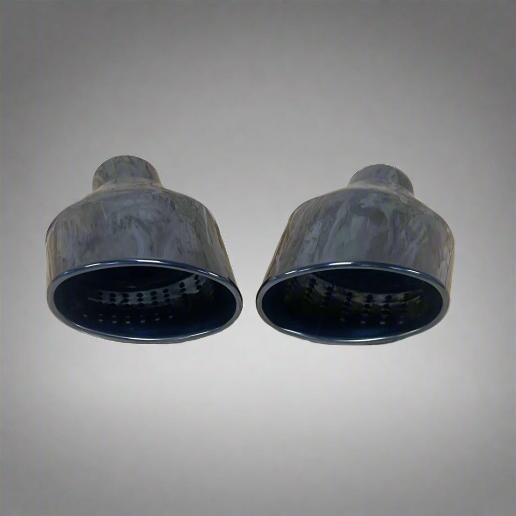 Pair of Black RS Style Exhaust Tailpipes, featuring a sleek and sporty design, durable stainless steel construction, and a universal fit for a range of vehicles. Ideal for enhancing the performance and aesthetic of your car