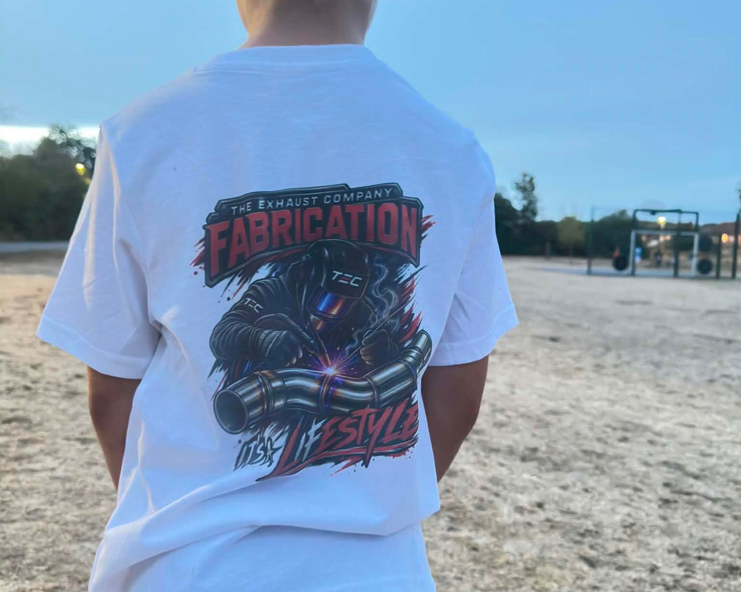 White TEC Fabrication It's A Lifestyle T-shirt with large welding and exhaust graphic on the back