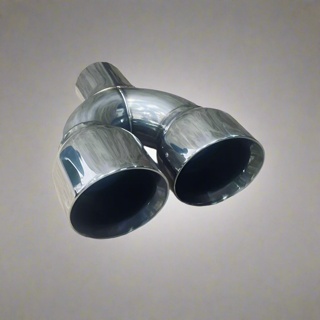 Twin Round 3.5-inch Slash Cut Tailpipe (RH) in stainless steel, designed for custom exhaust systems with a stylish, dynamic finish.