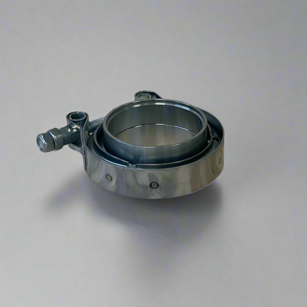 2.5-inch V-band clamp with a stainless steel finish, designed for secure and leak-free connections in exhaust and turbo systems.