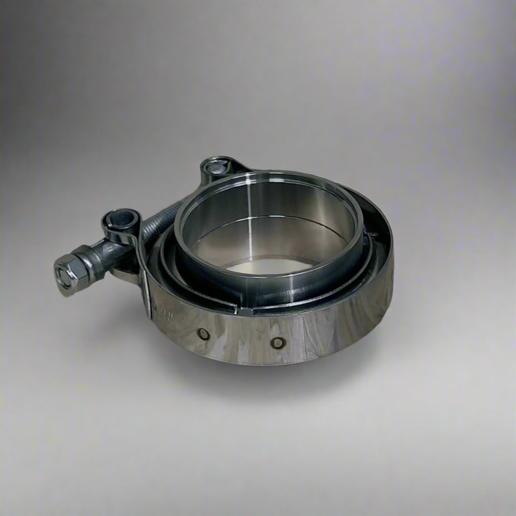 2-inch V-band clamp with a stainless steel finish, designed for secure and leak-free connections in exhaust and turbo systems.