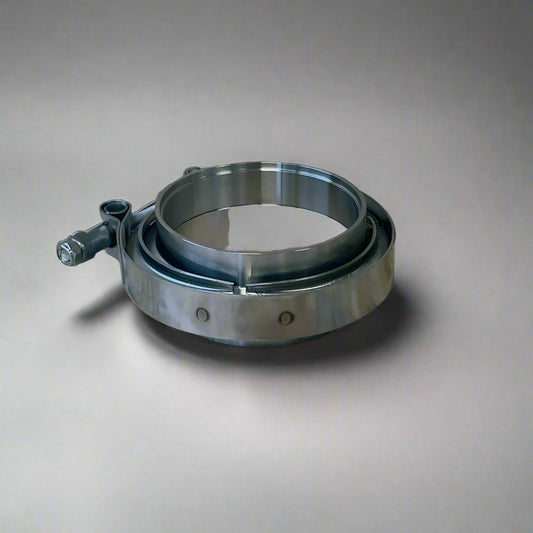 3-inch V-band clamp with a stainless steel finish, designed for secure and leak-free connections in exhaust and turbo systems.