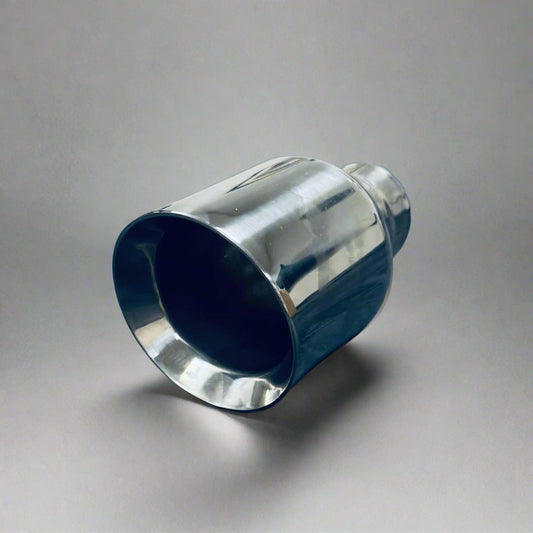 4-inch round slash-cut tailpipe with a polished finish, featuring a 2.25-inch inlet and 7-inch length for a sleek and sporty exhaust upgrade.