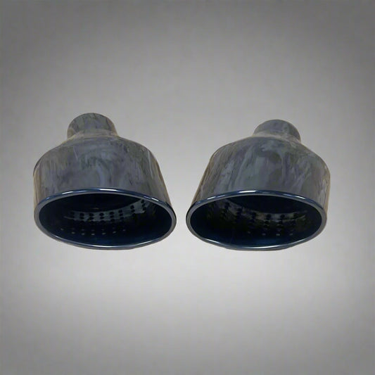 Pair of Black RS Style Exhaust Tailpipes, featuring a sleek and sporty design, durable stainless steel construction, and a universal fit for a range of vehicles. Ideal for enhancing the performance and aesthetic of your car