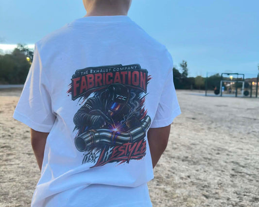 White TEC Fabrication It's A Lifestyle T-shirt with large welding and exhaust graphic on the back