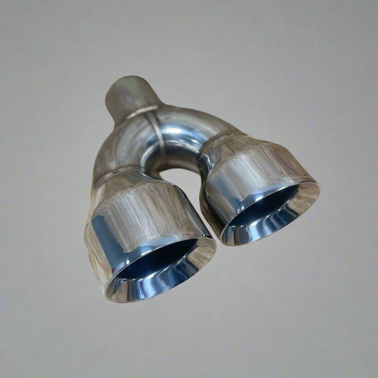 Twin Round 4 inch Slash Cut Staggered Tailpipe (RH) in stainless steel, designed for custom exhaust systems with a sleek, aggressive look.