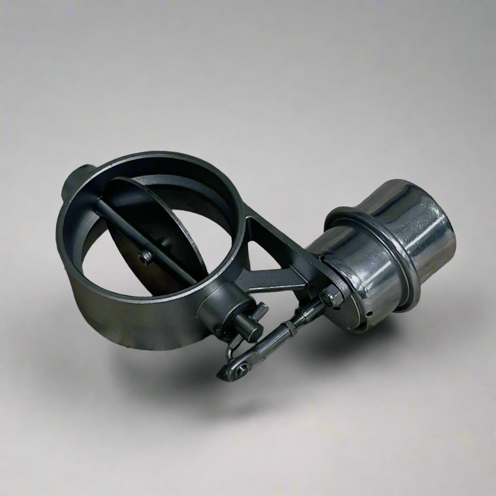 Stainless steel vacuum valve for custom exhaust systems, designed for precise control of exhaust flow and performance.