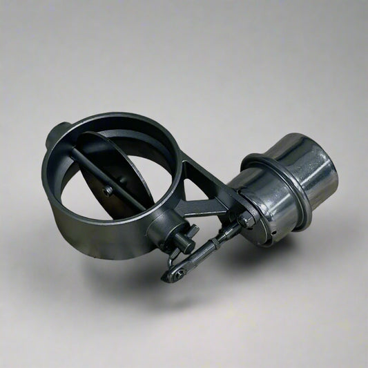Stainless steel vacuum valve for custom exhaust systems, designed for precise control of exhaust flow and performance.